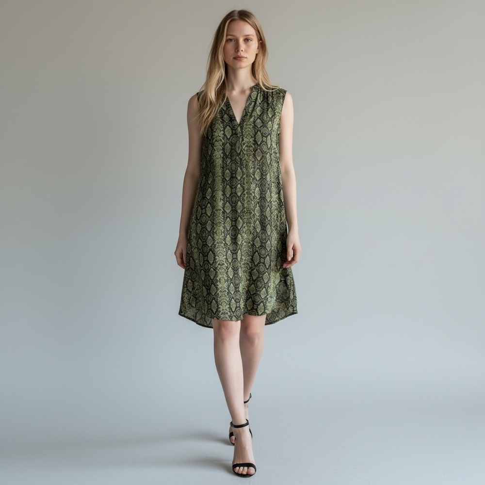 Anthropologie Snakeskin Dress Women S Olive Green Animal Print Fit Casual Bold